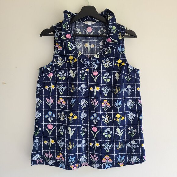Crown & Ivy Sleeveless Top L Blue Floral 100% Cotton Preppy Ruffle Neck Casual - Picture 2 of 8